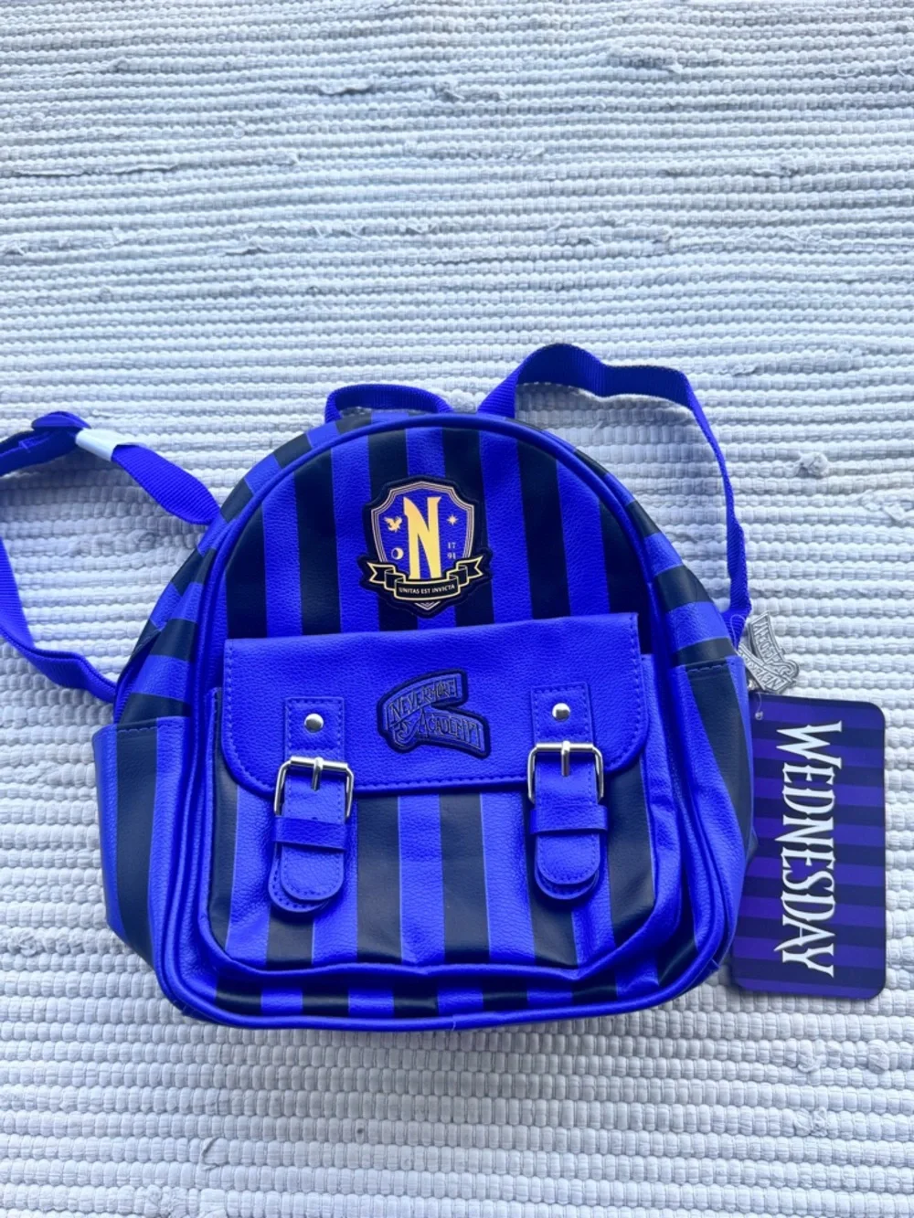 Wednesday Nevermore Mini Backpack Purple Black Striped Faux Leather